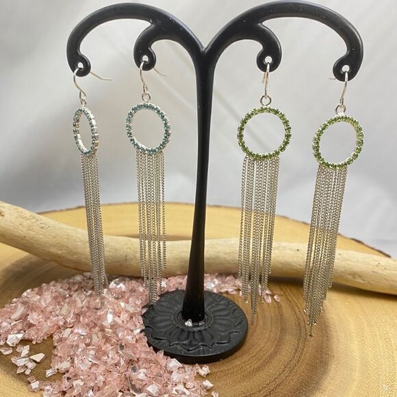 Green Rhinestones Silver Multi Chain Earrings - Picture 3 of 6